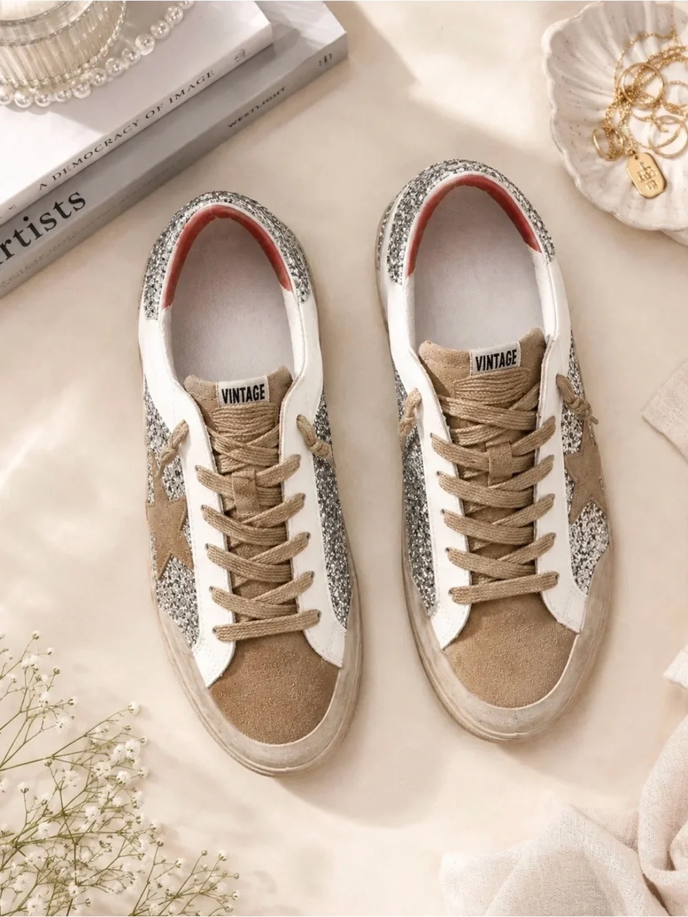 Vintage Silver Glitter and Beige Star Lace-Up Sneakers